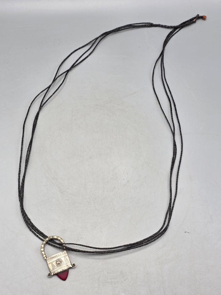 Tuareg InGall Coin Silver & Glass Pendant Leather Necklace/Choker  - Niger
