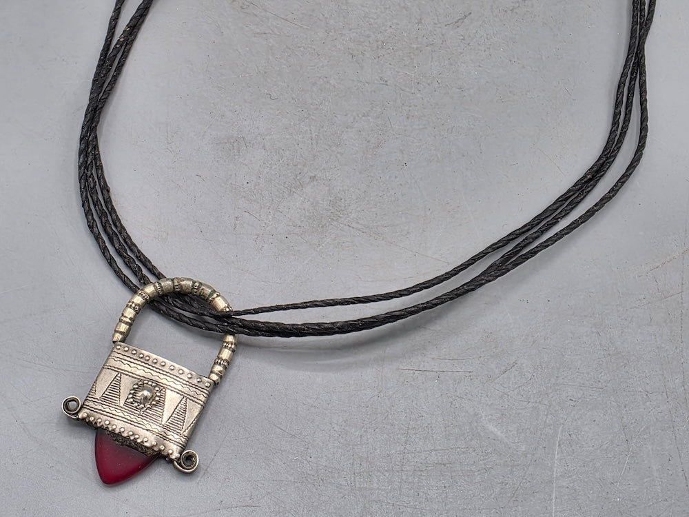 Tuareg InGall Coin Silver & Glass Pendant Leather Necklace/Choker  - Niger