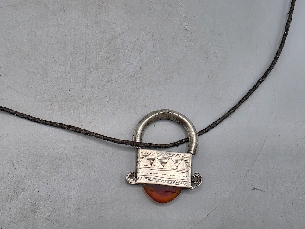 Tuareg InGall Coin Silver & Glass Pendant Leather Necklace/Choker  - Niger
