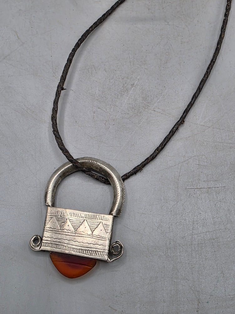 Tuareg InGall Coin Silver & Glass Pendant Leather Necklace/Choker  - Niger