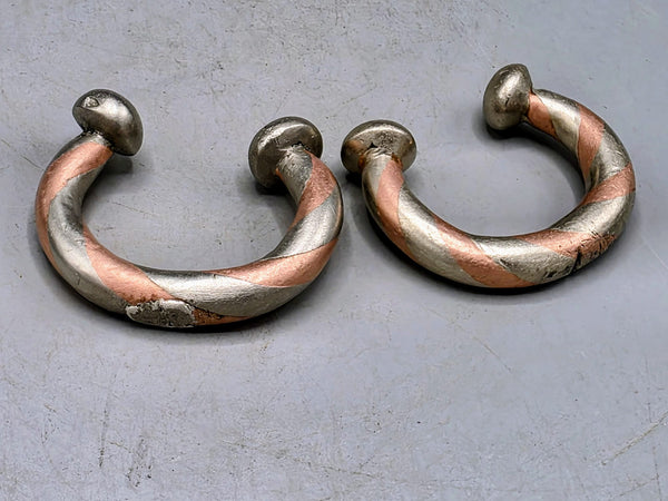 Pair Small Tuareg Coin Silver & Copper Cuff Bracelets - Mali