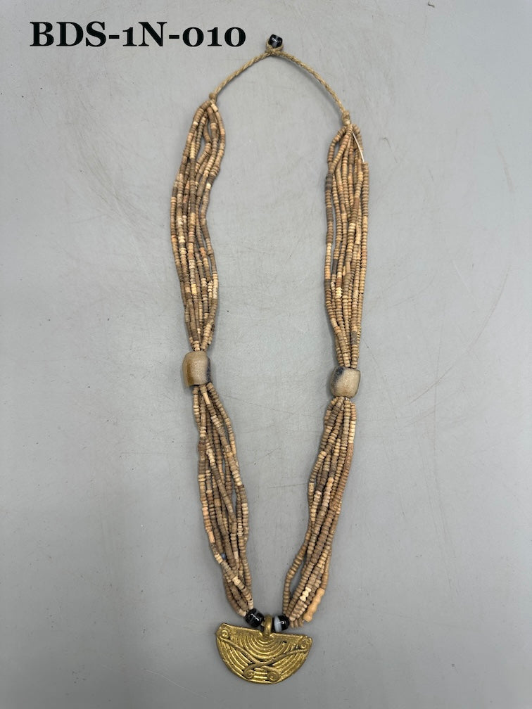 Smallest Excavated Clay Bead, Brass Pendant, Powder Glass Bead Necklaces - Mali