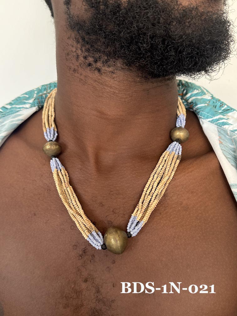 Smallest Excavated Clay Bead, Brass Bead, Inlaid Wooden Bead Necklaces - Mali