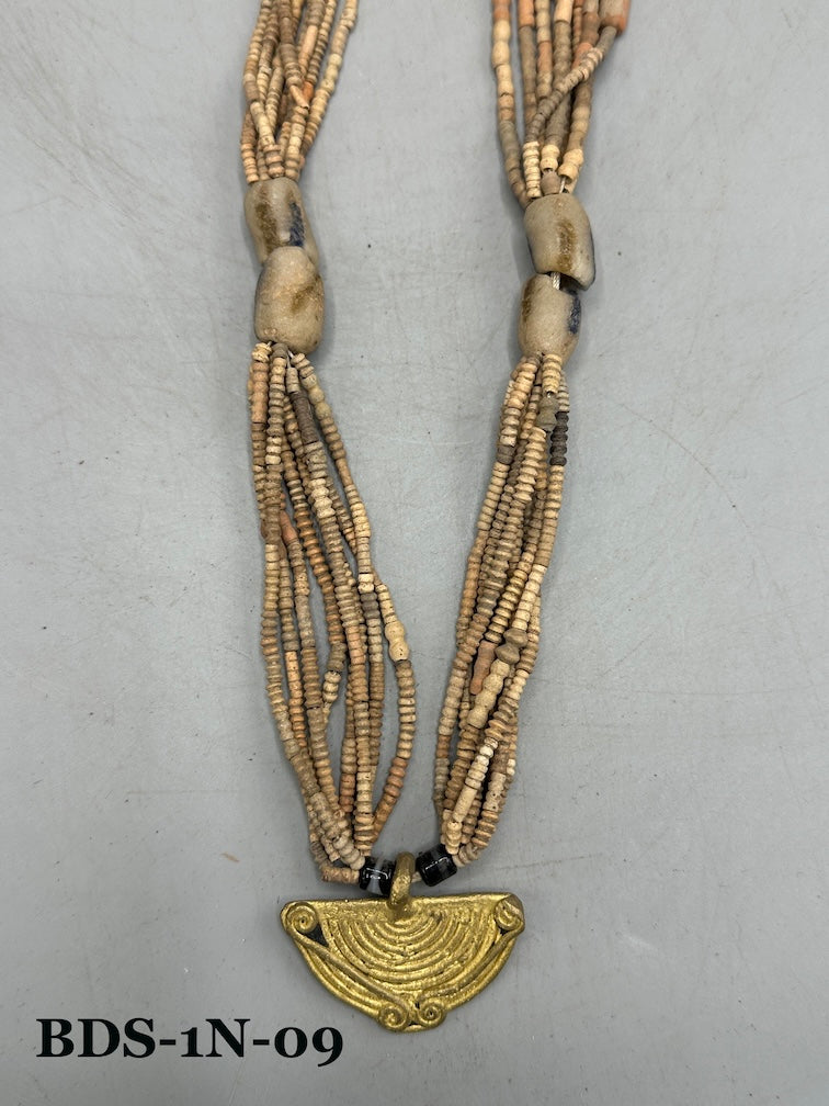 Smallest Excavated Clay Bead, Brass Pendant, Powder Glass Bead Necklaces - Mali