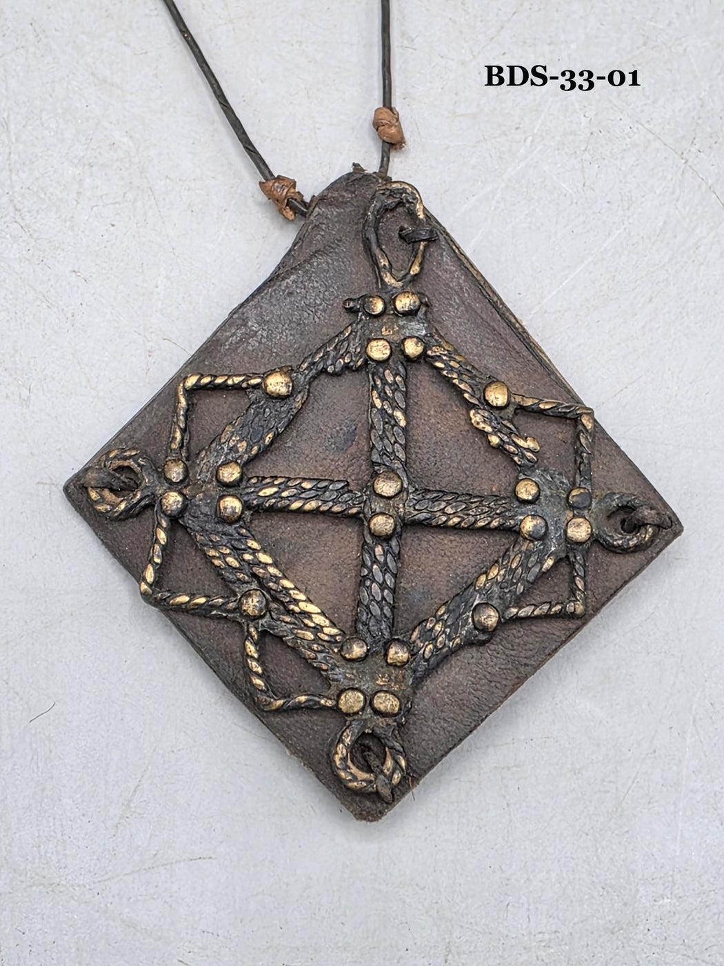 Leather-backed Handcast Brass Pendant Necklace - Mali