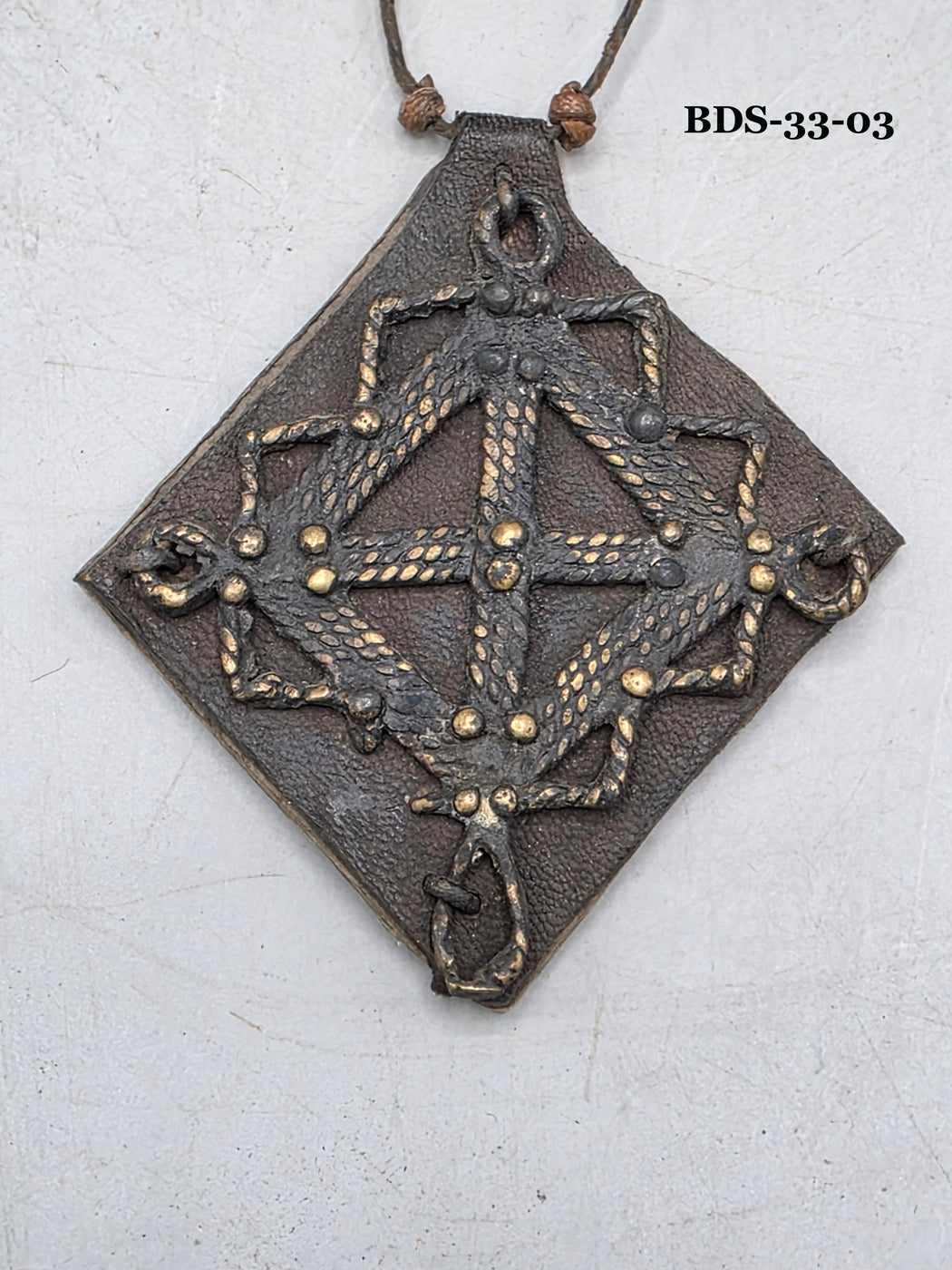 Leather-backed Handcast Brass Pendant Necklace - Mali