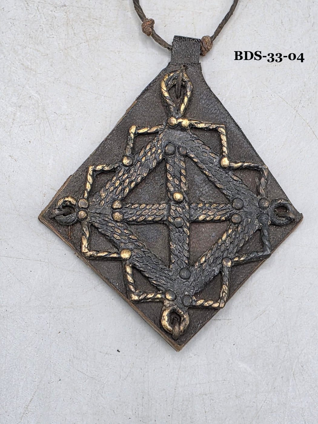 Leather-backed Handcast Brass Pendant Necklace - Mali