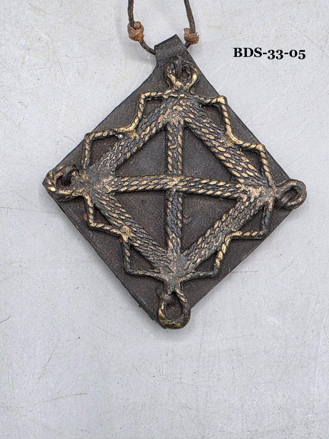 Leather-backed Handcast Brass Pendant Necklace - Mali
