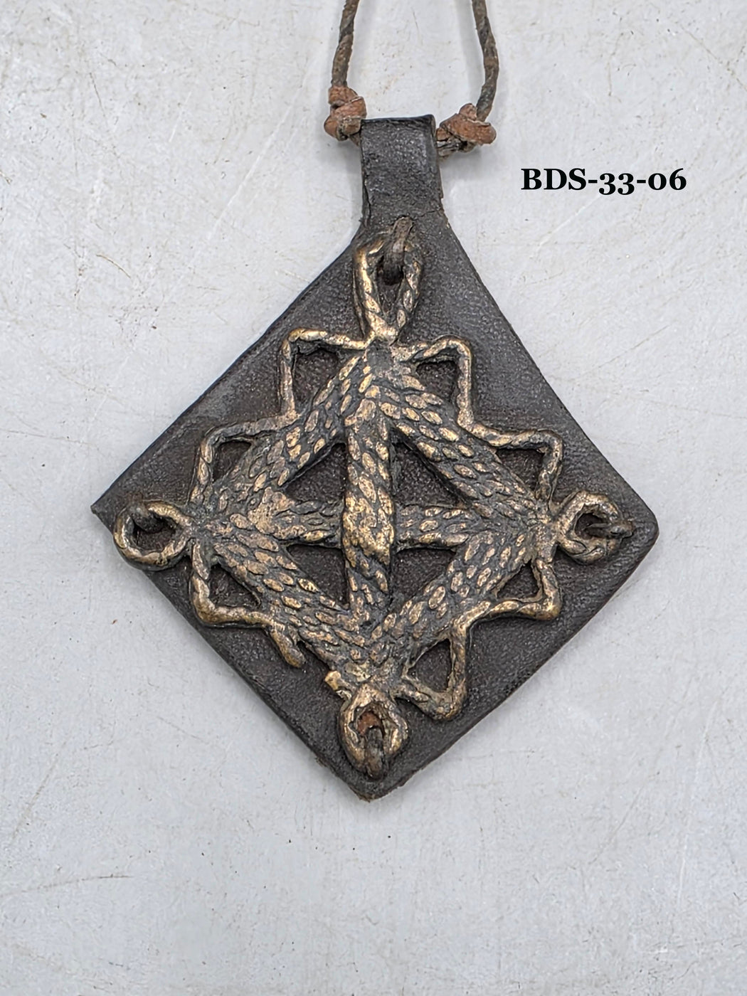 Leather-backed Handcast Brass Pendant Necklace - Mali
