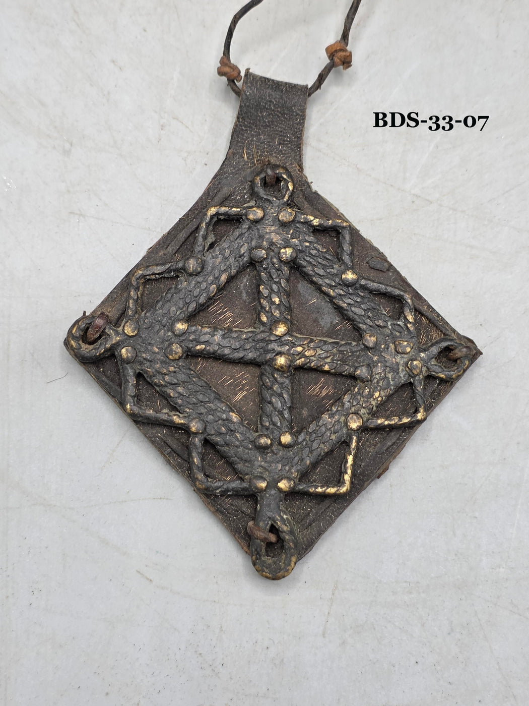 Leather-backed Handcast Brass Pendant Necklace - Mali