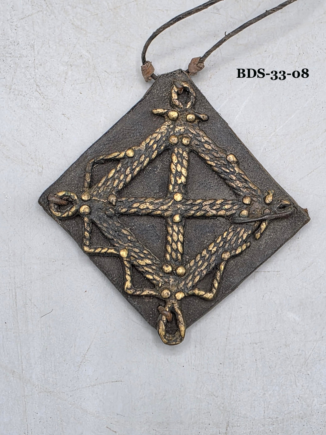 Leather-backed Handcast Brass Pendant Necklace - Mali