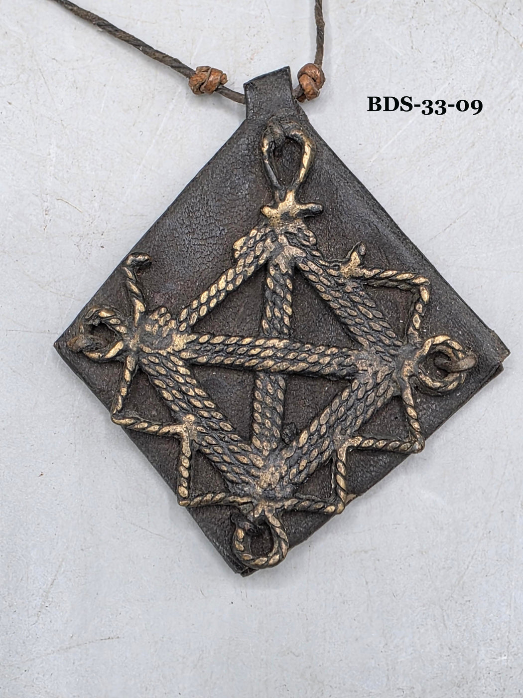 Leather-backed Handcast Brass Pendant Necklace - Mali