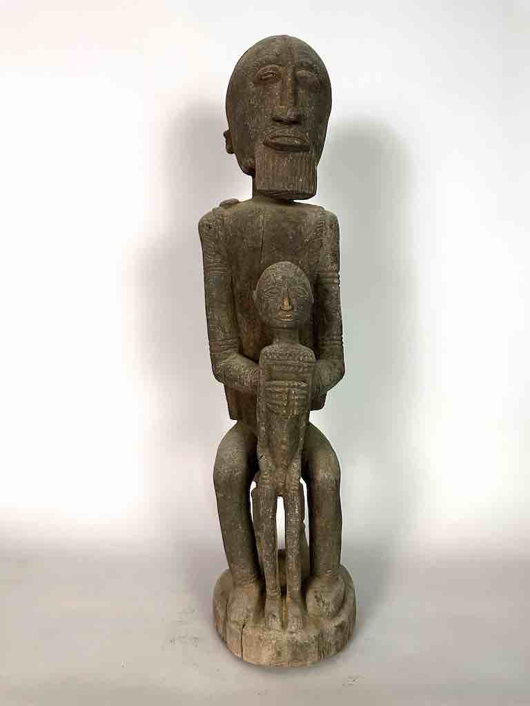 Vintage Bearded Dogon Male with Child Statue - Mali