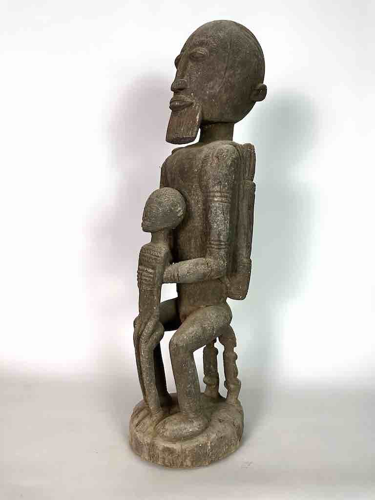 Vintage Bearded Dogon Male with Child Statue - Mali