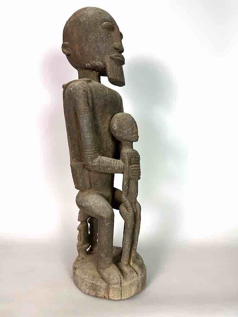 Vintage Bearded Dogon Male with Child Statue - Mali