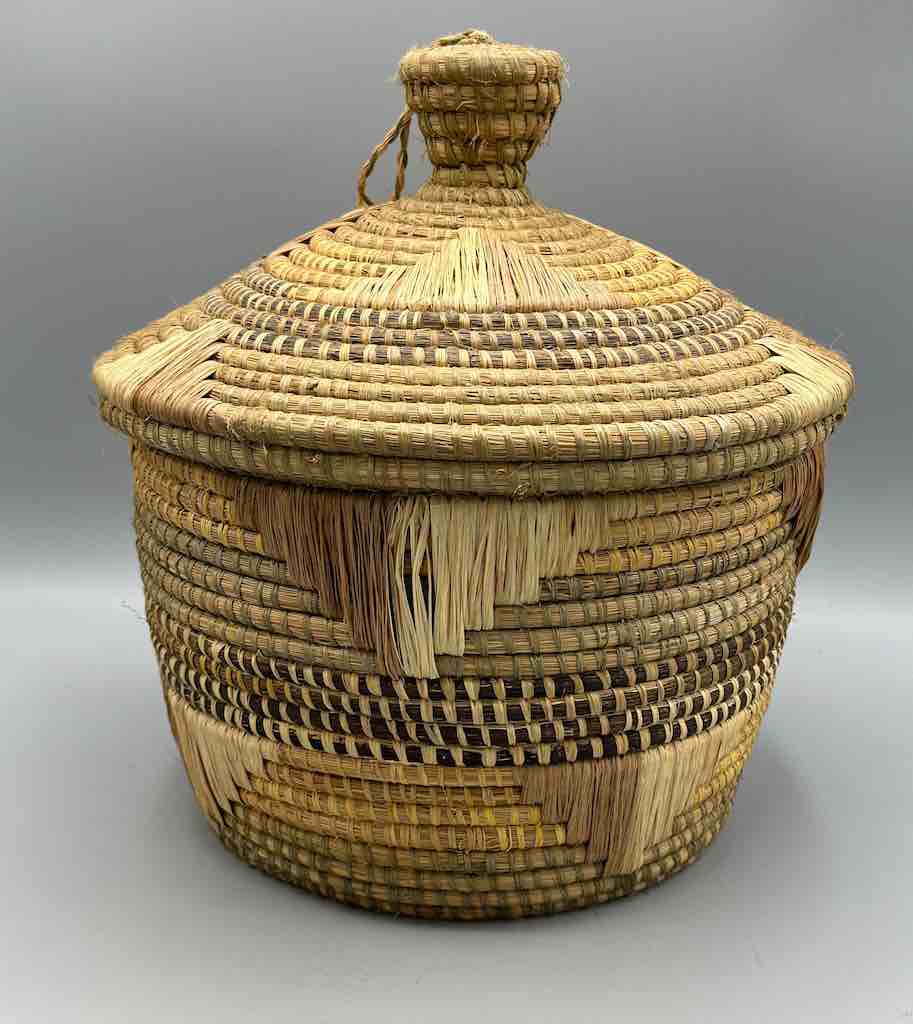 Large Vintage Covered Batwa Raffia Basket - Uganda