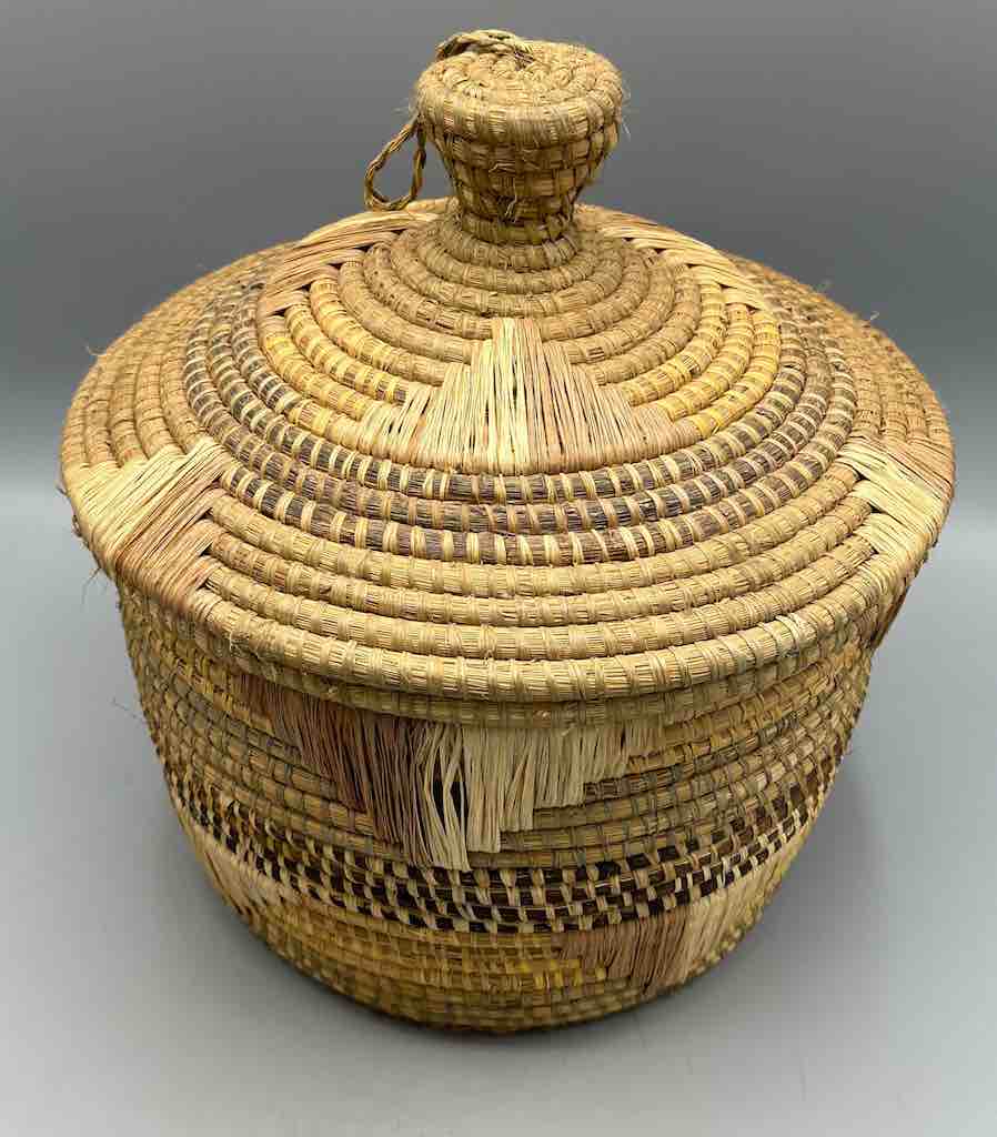 Large Vintage Covered Batwa Raffia Basket - Uganda