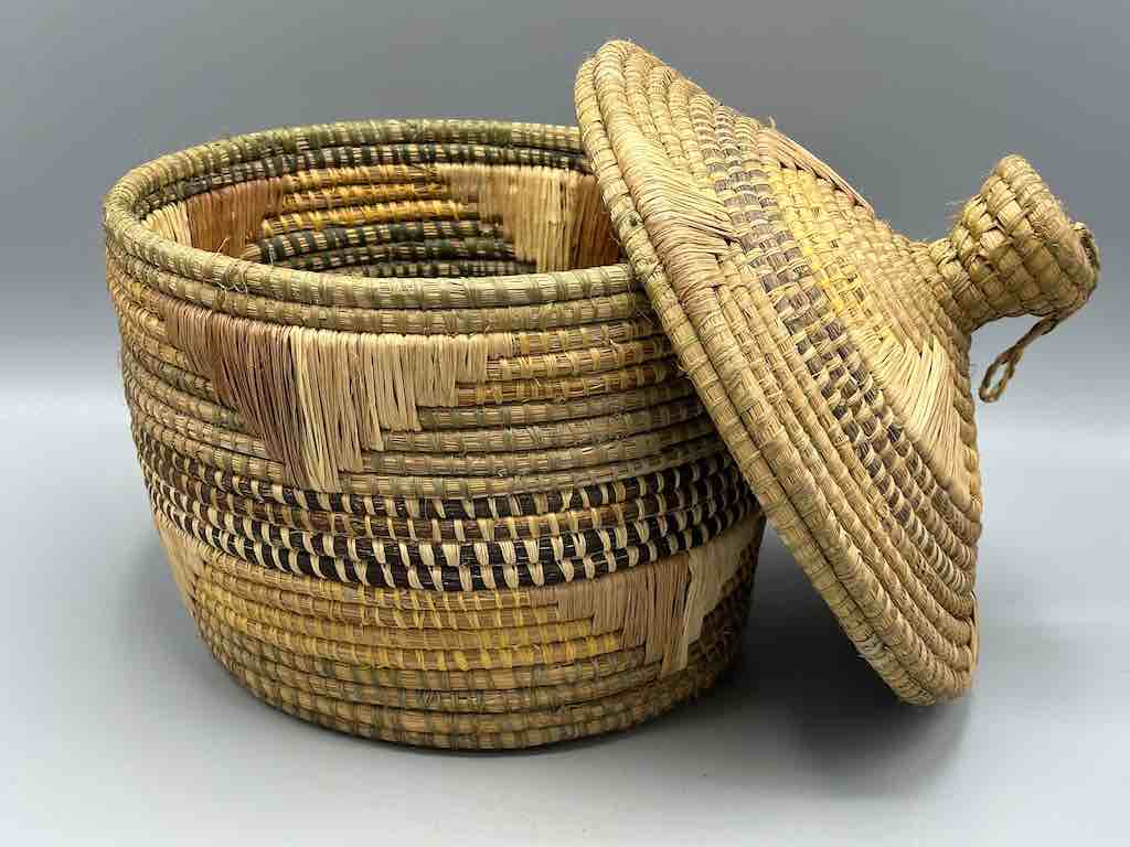 Large Vintage Covered Batwa Raffia Basket - Uganda