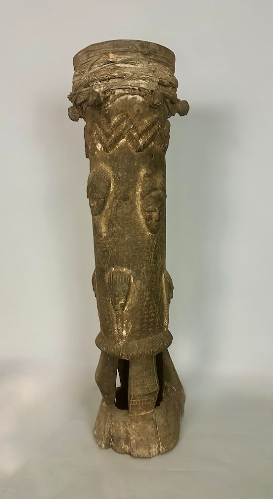 Vintage Tall Baule Mask-Adorned African Drum - Ivory Coast