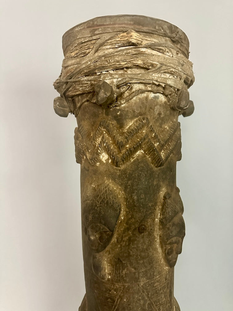 Vintage Tall Baule Mask-Adorned African Drum - Ivory Coast