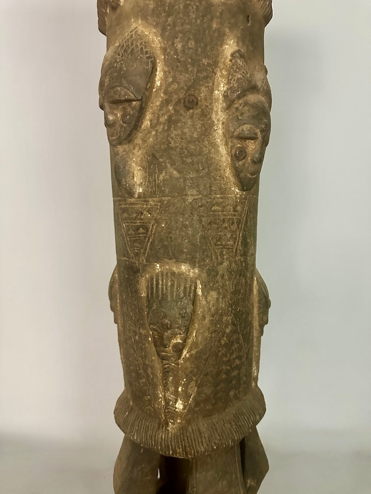 Vintage Tall Baule Mask-Adorned African Drum - Ivory Coast