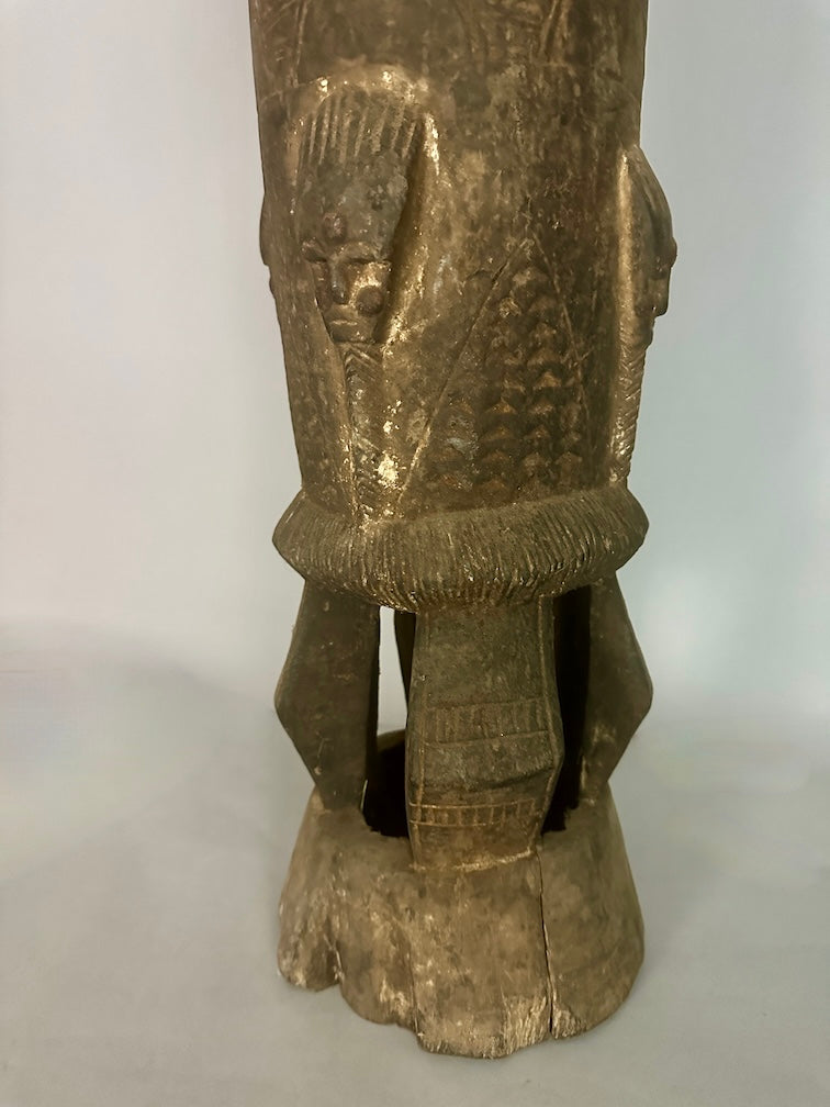 Vintage Tall Baule Mask-Adorned African Drum - Ivory Coast