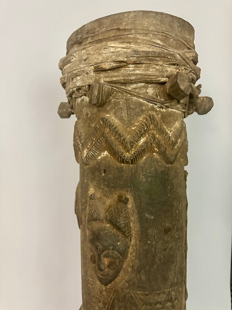 Vintage Tall Baule Mask-Adorned African Drum - Ivory Coast