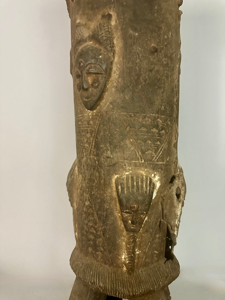 Vintage Tall Baule Mask-Adorned African Drum - Ivory Coast