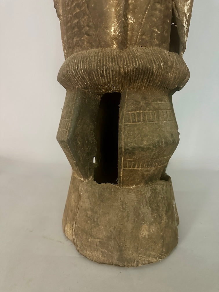 Vintage Tall Baule Mask-Adorned African Drum - Ivory Coast