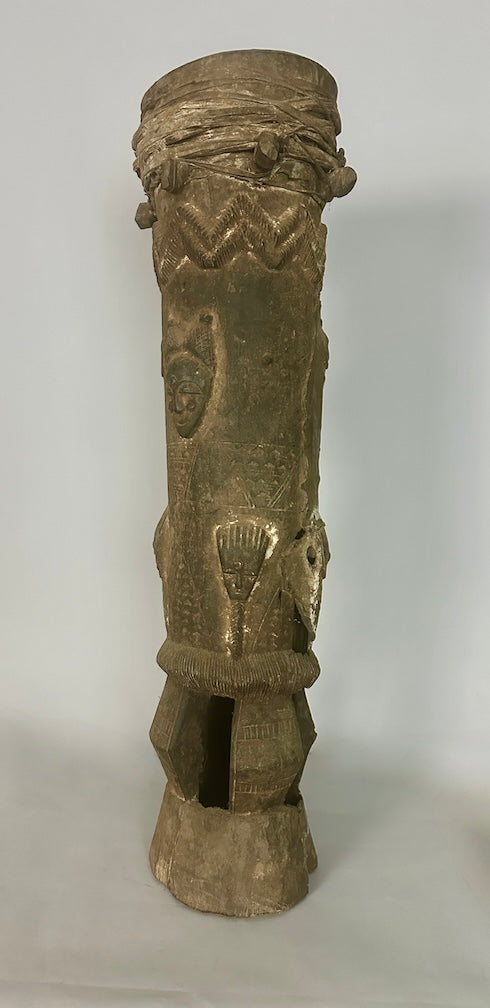 Vintage Tall Baule Mask-Adorned African Drum - Ivory Coast