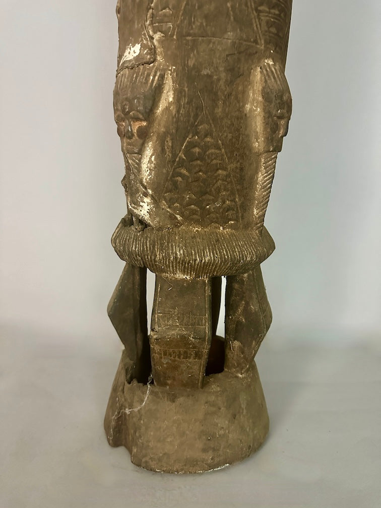 Vintage Tall Baule Mask-Adorned African Drum - Ivory Coast