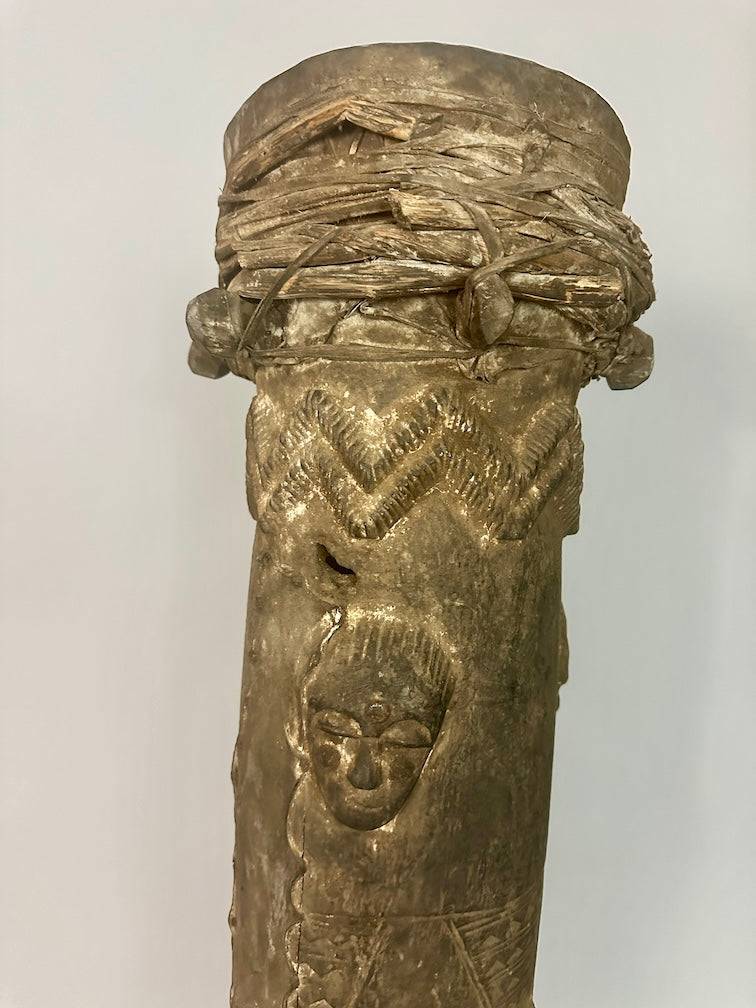 Vintage Tall Baule Mask-Adorned African Drum - Ivory Coast