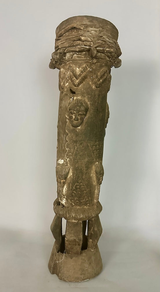 Vintage Tall Baule Mask-Adorned African Drum - Ivory Coast