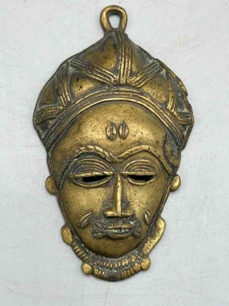 Large Exceptional African Baule Brass Mask Pendant - Ivory Coast