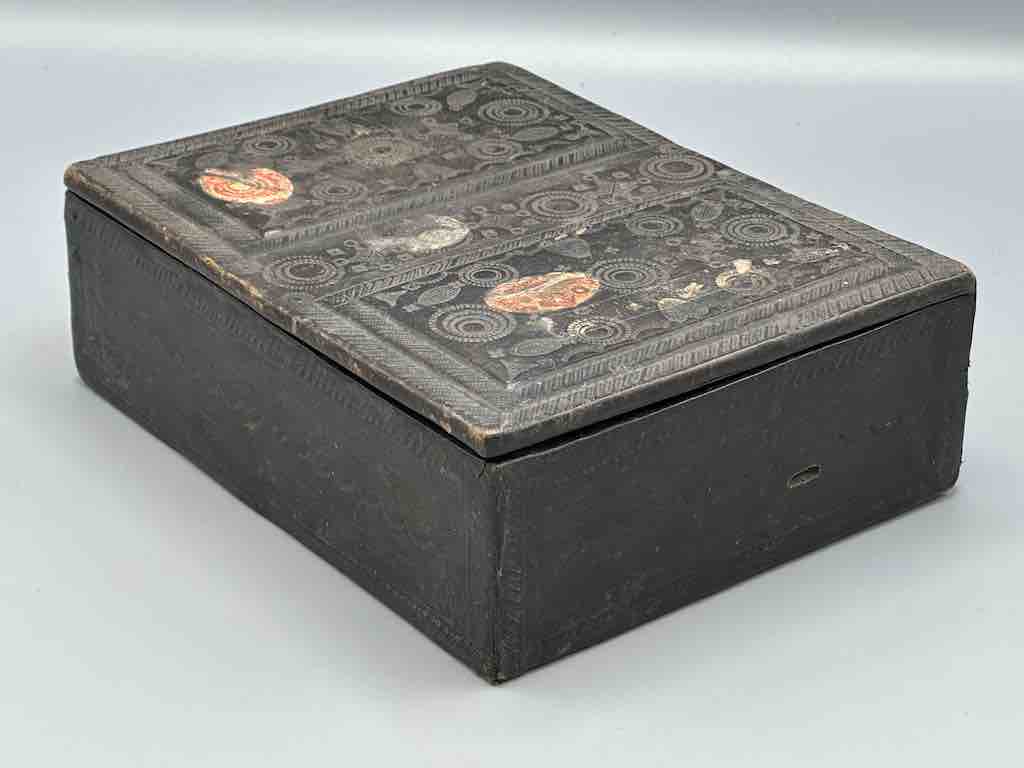 Vintage Tooled Leather Wooden Tuareg Rectangular Box from Niger, Africa