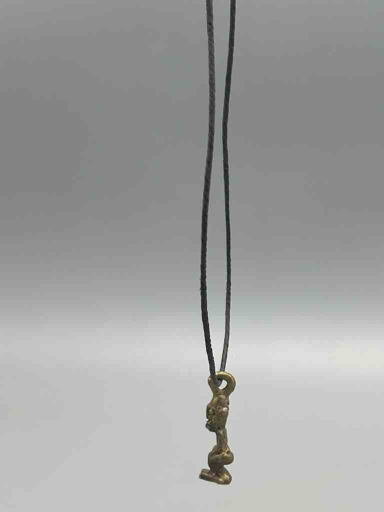 Vintage Small Brass Dogon Man Pendant on Single Strand Leather Cord Necklace