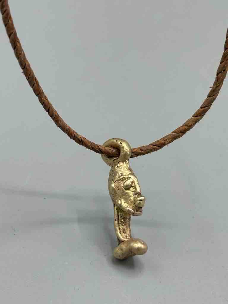 Vintage Small Brass Dogon Male Head Pendant on Single Strand Leather Cord Necklace