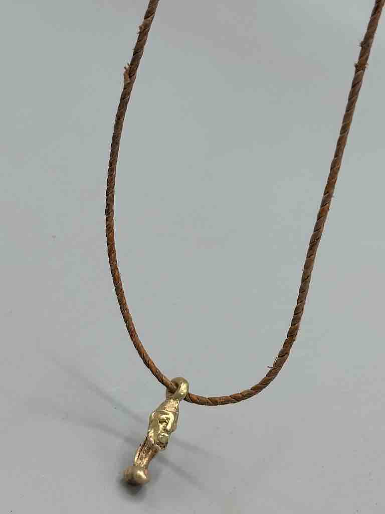 Vintage Small Brass Dogon Male Head Pendant on Single Strand Leather Cord Necklace