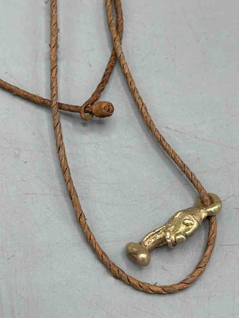 Vintage Small Brass Dogon Male Head Pendant on Single Strand Leather Cord Necklace