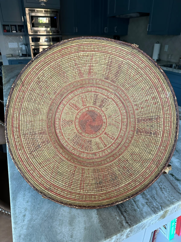 Vintage African Harari Basket | 1970s Ethiopian Handwoven Bowl | Leather-Trimmed Basket with Cowrie Shells | 19” Woven Decor