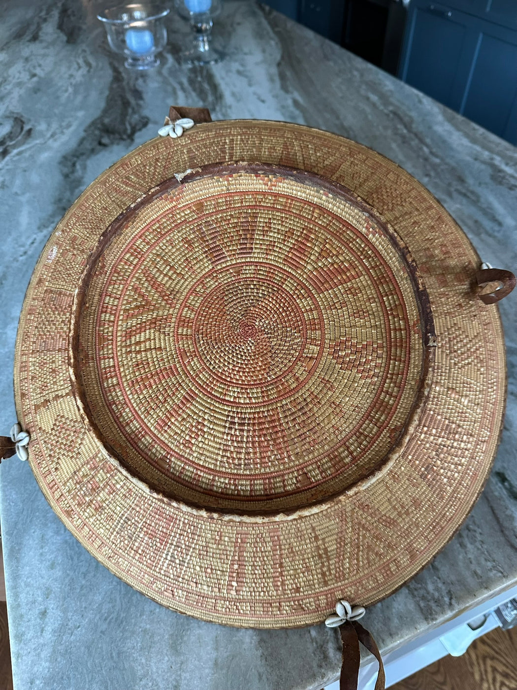 Vintage African Harari Basket | 1970s Ethiopian Handwoven Bowl | Leather-Trimmed Basket with Cowrie Shells | 19” Woven Decor