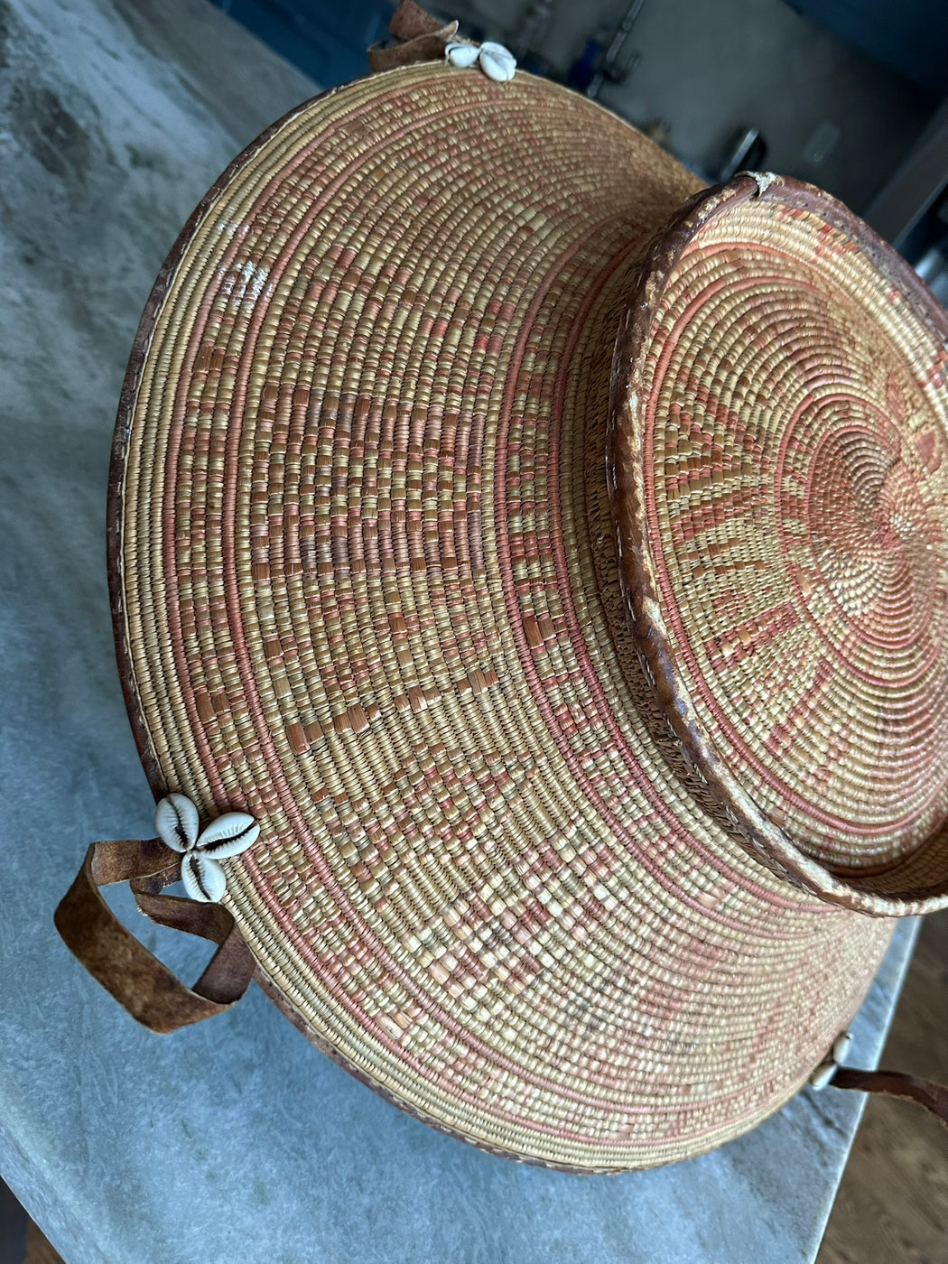 Vintage African Harari Basket | 1970s Ethiopian Handwoven Bowl | Leather-Trimmed Basket with Cowrie Shells | 19” Woven Decor
