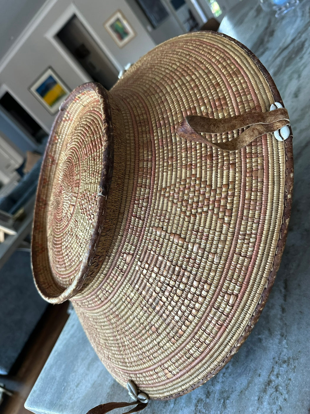 Vintage African Harari Basket | 1970s Ethiopian Handwoven Bowl | Leather-Trimmed Basket with Cowrie Shells | 19” Woven Decor