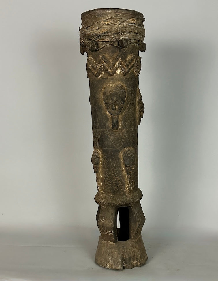 Vintage Tall Baule Mask-Adorned African Drum - Ivory Coast