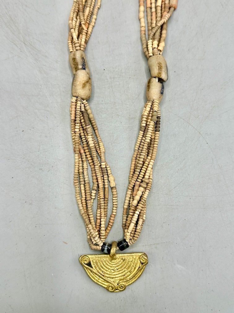 Smallest Excavated Clay Bead, Brass Pendant, Powder Glass Bead Necklaces - Mali