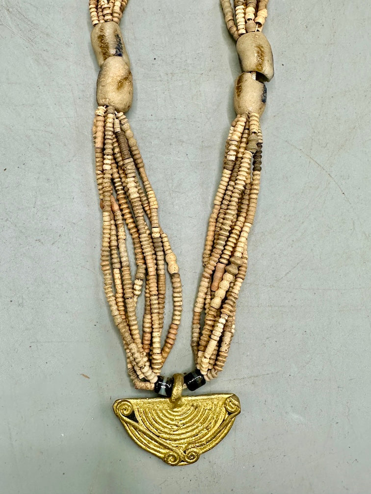 Smallest Excavated Clay Bead, Brass Pendant, Powder Glass Bead Necklaces - Mali