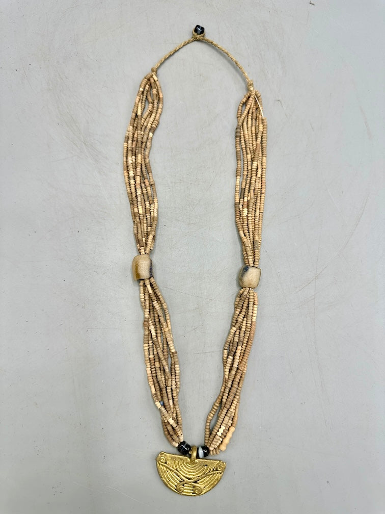 Smallest Excavated Clay Bead, Brass Pendant, Powder Glass Bead Necklaces - Mali