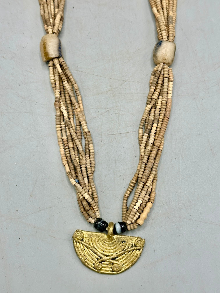 Smallest Excavated Clay Bead, Brass Pendant, Powder Glass Bead Necklaces - Mali