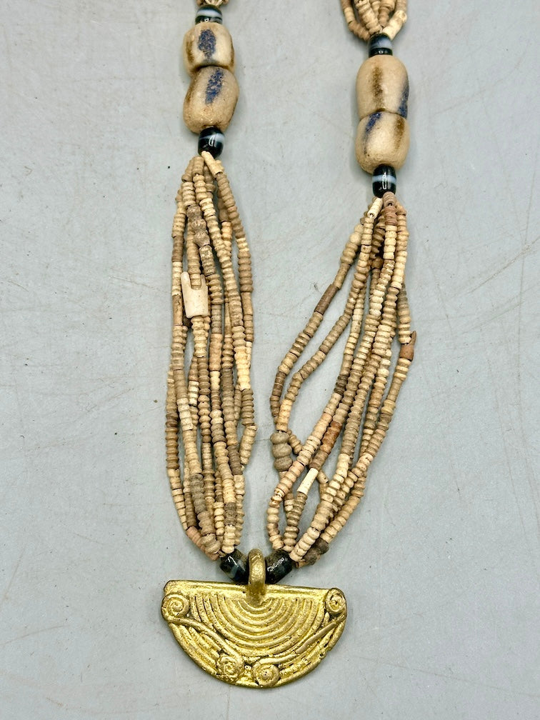Smallest Excavated Clay Bead, Brass Pendant, Powder Glass Bead Necklaces - Mali
