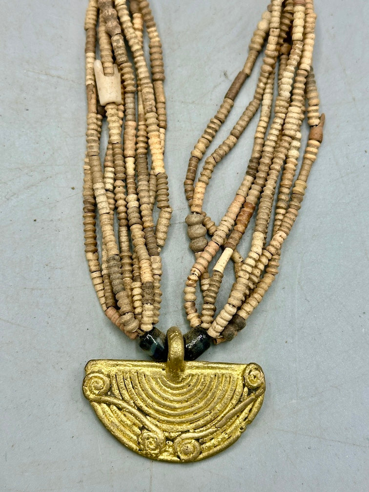 Smallest Excavated Clay Bead, Brass Pendant, Powder Glass Bead Necklaces - Mali